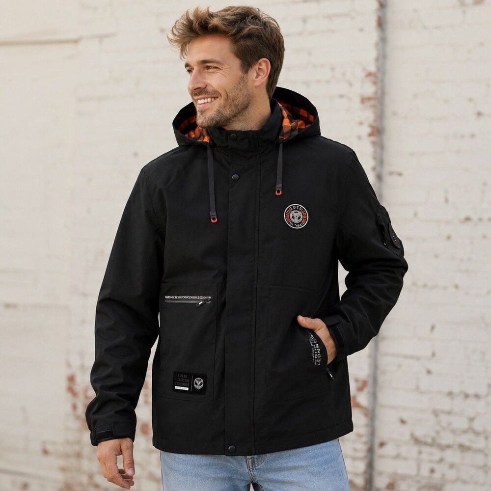 Leduntino Windbreaker Hooded Casual Water Resistant Jacket - Black  Men’s Sz XL
